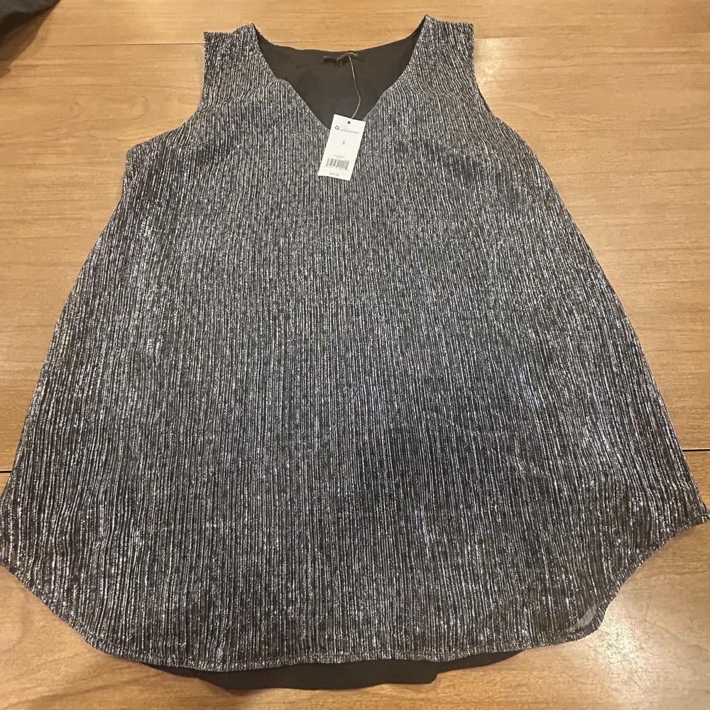 Banana Republic Tank Top Womens Small Silver Metallic Pleated V Neck Lined Party